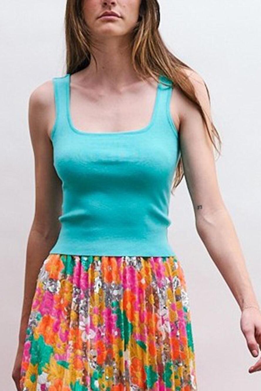 Le Superbe Womens Snatched Square Neck Tank Top in Aqua XS